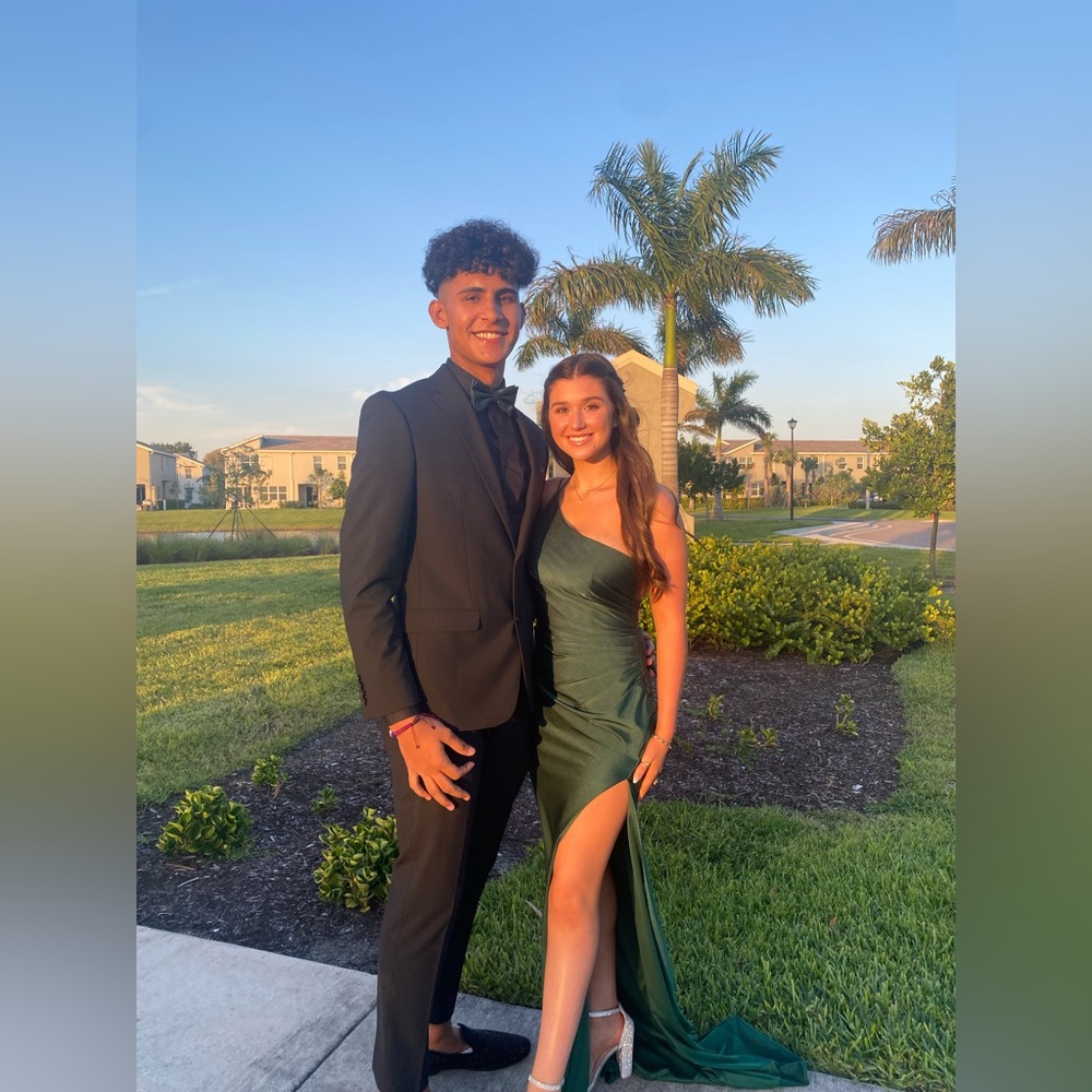 Dark green long prom dress with adjustable open back and adjustable sizing